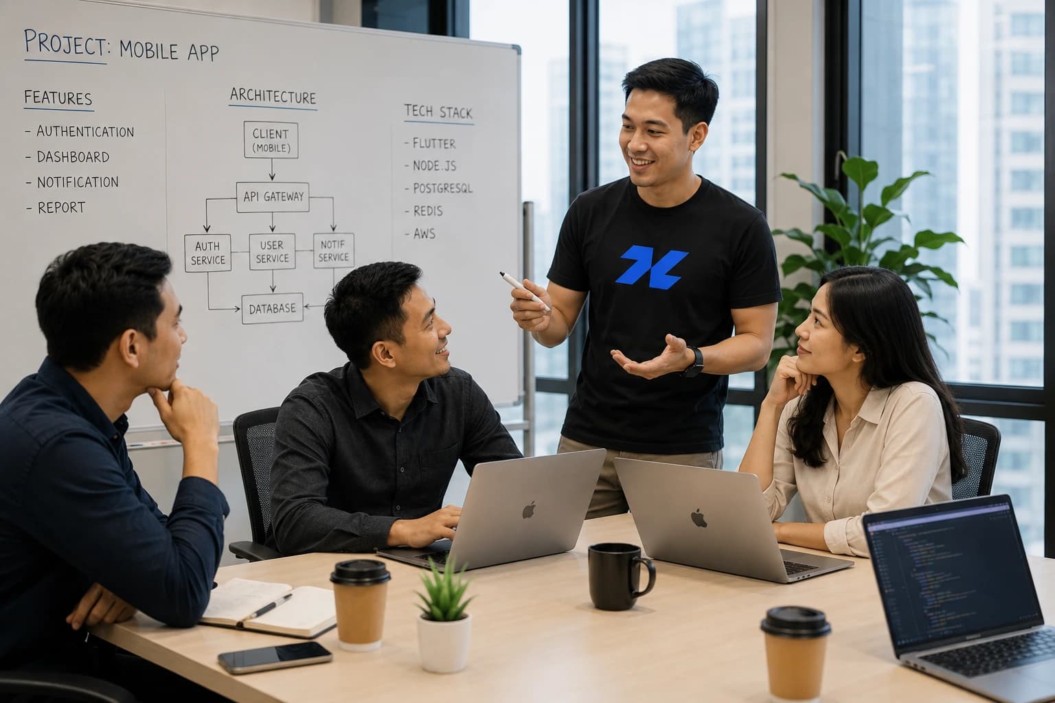 HattaDev engineering team brainstorming and collaborating on solutions